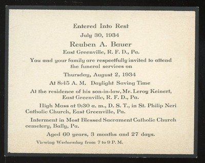1934 Funeral Ceremony Invitation Card. Reuben A Bauer. East Greenville, PA.