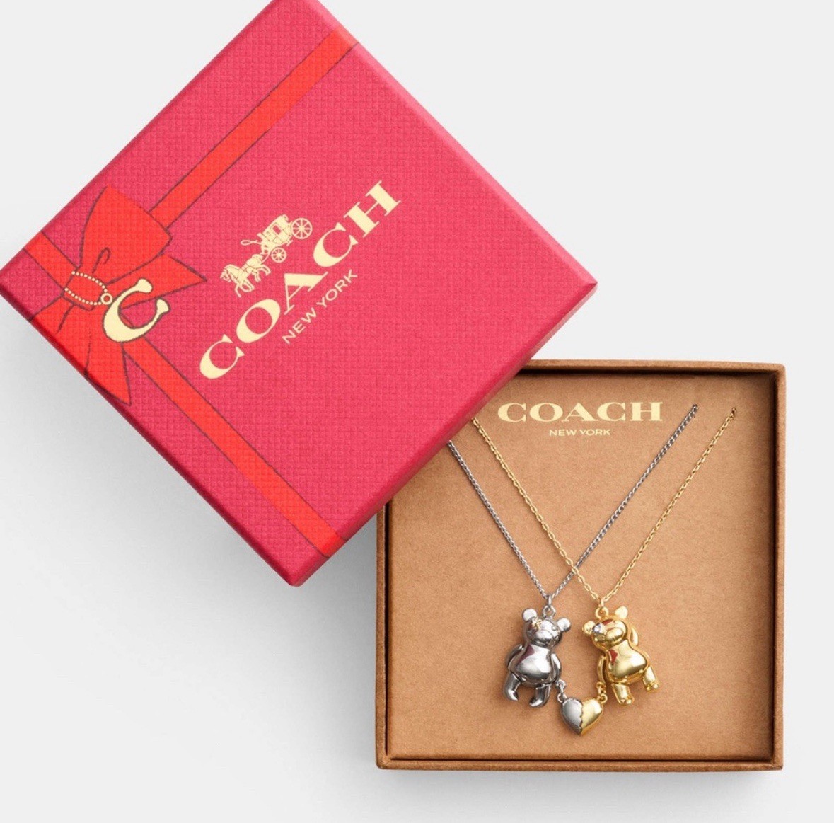 Coach Teddy Bear Heart Friendship Necklace Duo Set CY112 New With