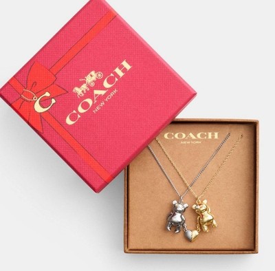 Coach Teddy Bear Heart Friendship Necklace Duo Set CY112 New With
