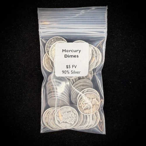 $5 FV Mercury Dimes 90% Silver (50 Coins) Pre-1965 Circulated US Junk Silver