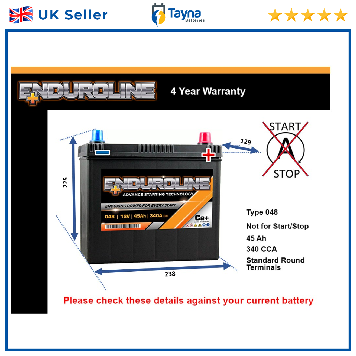 Car Battery 048 Enduroline 048 340A 45Ah 4Yr Warranty 238x129x225