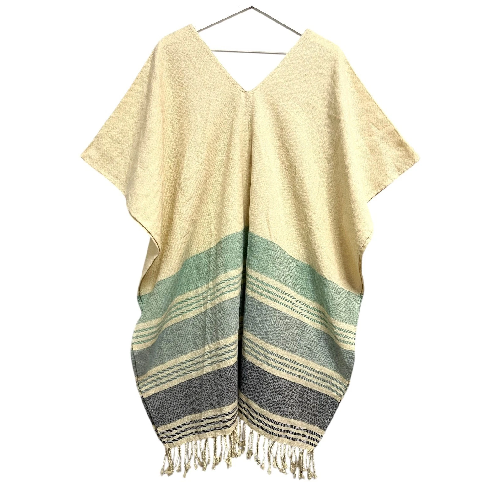 Tribe Alive Poncho Womens One Size Cream Blue Striped Cotton Fringe Boho Artisan