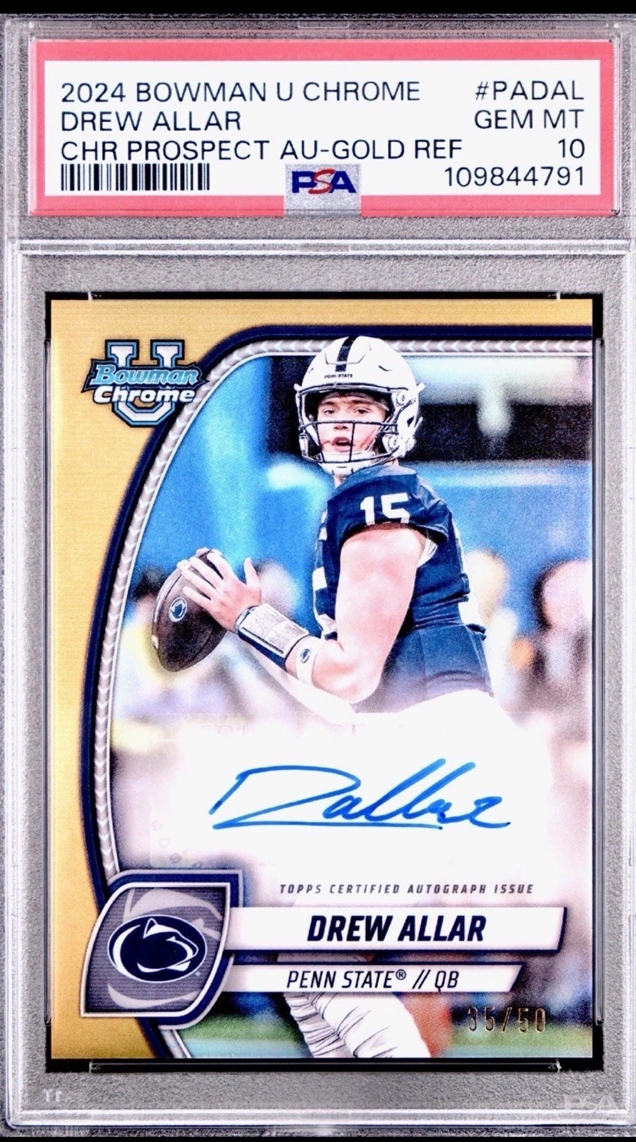 2024 Bowman Chrome University Prospect Auto Gold #PADAL Drew Allar /50 