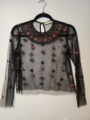 Zara Basic Black Sheer Embellished Long Sleeve Mesh Top XS