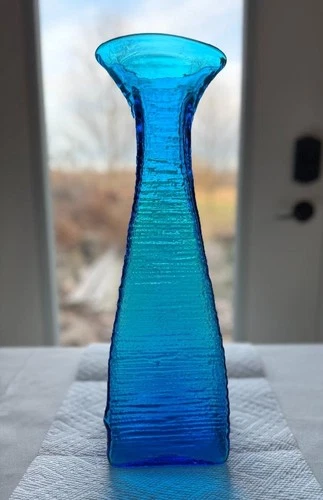 Rare BLENKO Glass Sapphire Blue Hand Blown Hand Pontil Strata MCM Vase 16" Tall