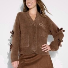 Hello Kitty and Friends Brown Fuzzy Bow Cardigan Sanrio Coquette Sweater Large