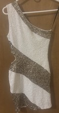 Bebe Women Ivory And Gold Sequin Body Con Mini Cocktail Dress Side Cutout Sz Xs