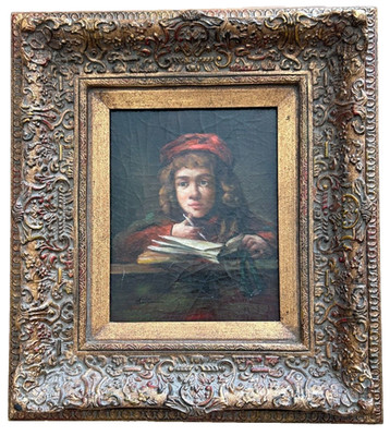 Old Master Titus at His Desk Oil on Wood Painting After Rembrandt