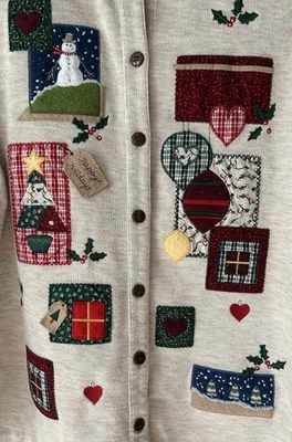 Women’s Grandma Holiday Christmas Sweater Cardigan W/ Festive Patches Size M