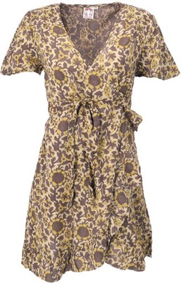 Minikleid Boho chic, Damen Wickelkleid, Blockprint Sommerkeid - taupe