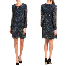 Cabi Women’s Dress Noel Eternity Damask Print Shift Tie Neck Blue Green - XL