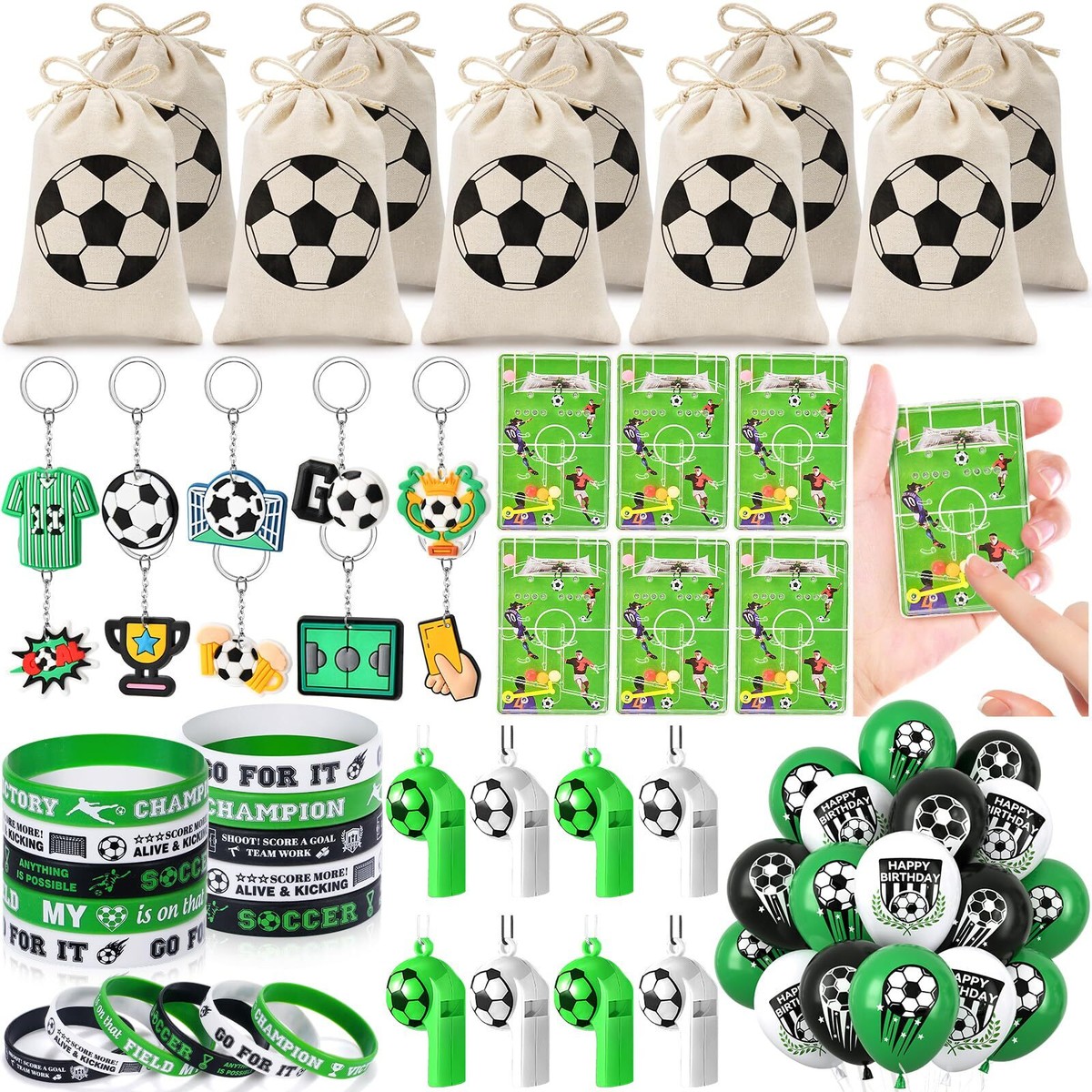 Fußball Party Mitgebsel-Set – 46-teilig, Mit Taschen, Armbändern, Schlüsselanhängern & Aufklebern