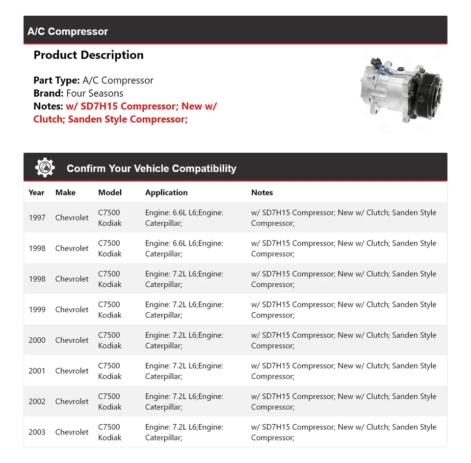 Compresor de aire acondicionado para Chevrolet C7500 Kodiak 1997-2003 4 estaciones 1998 1999 2000 Foto 2 de 4