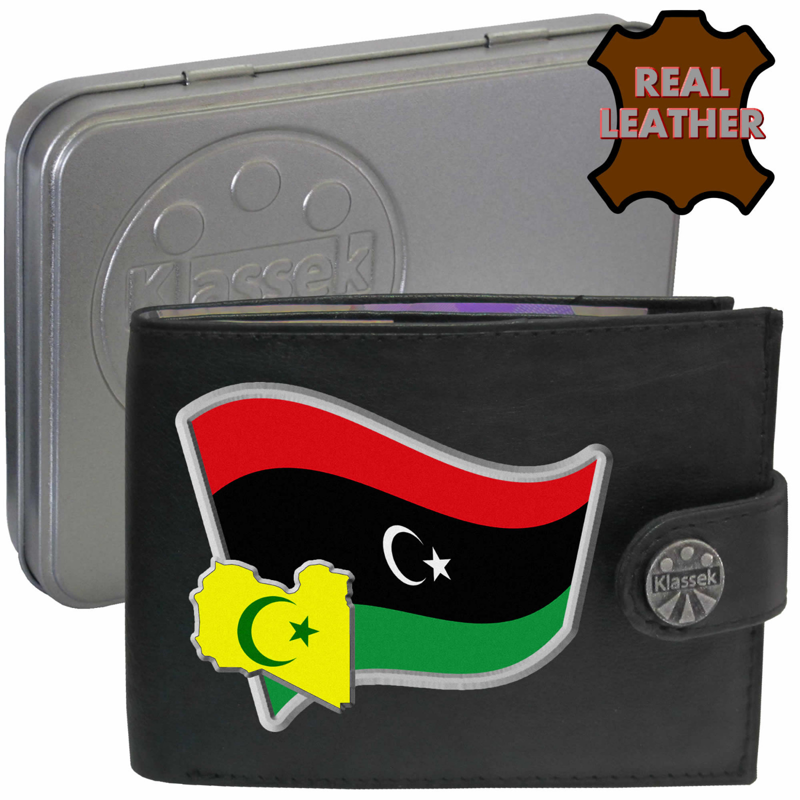 Libya Wallet Libyan Flag Map Soft Genuine Leather Men's Gift Tin RFID Fathers