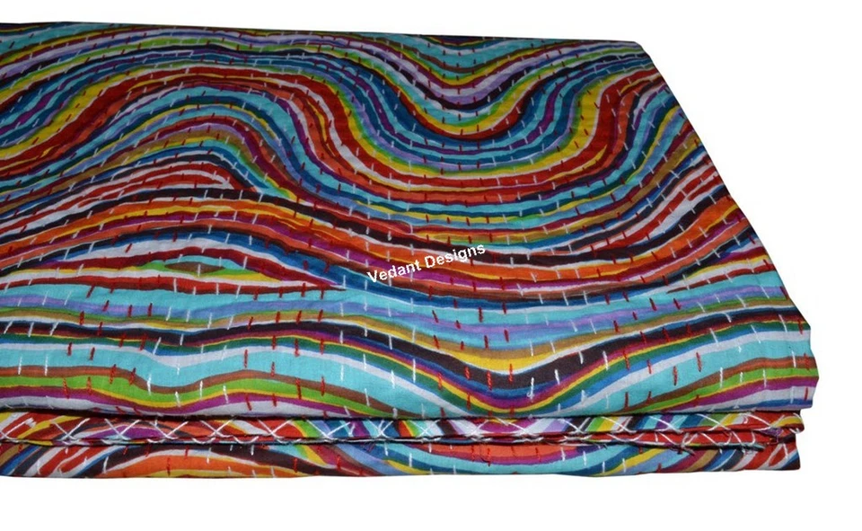 COTTON HANDMADE ETHINIC KANTHA STITCH QUILT THROW BLANKET Floral INDIAN Lahriya - Image 4 of 4