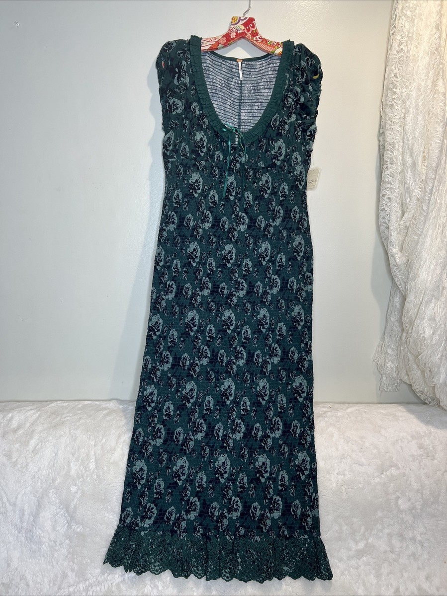 Free People Mckenna Dobby Smocked Slim Fitted Eyelets Ruffles Midi Dress L  | eBay