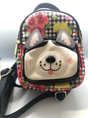 black and white with floral on it mini backpack Betsey Johnson Husky Floral Mini Backpack Black/White/ Kitsch Dog Interior  Black