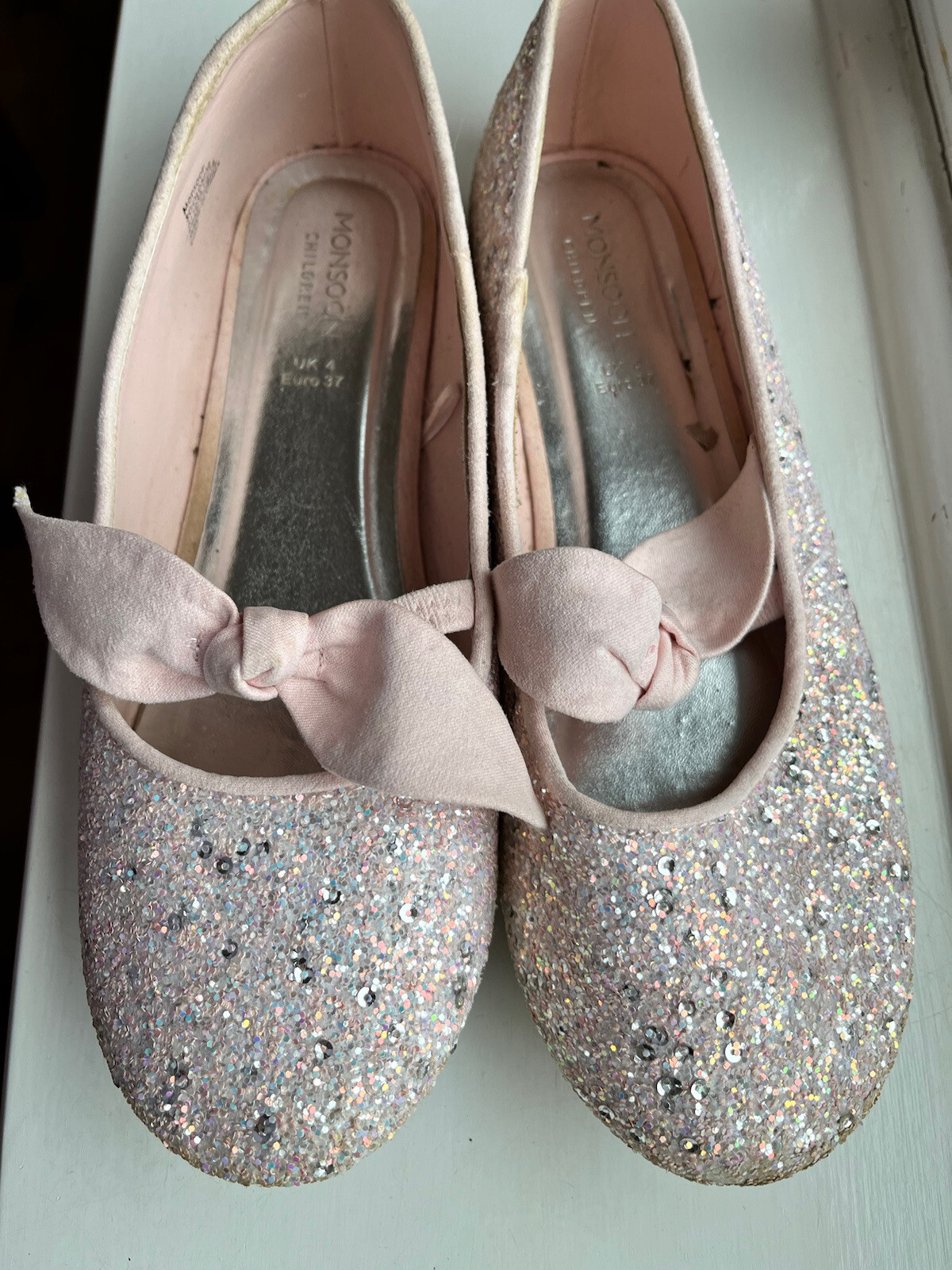 Ladies Monsoon Pale Pink Ribbon SLIP ON BALLET Glitter SHOES Flats Size