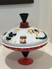 Vintage LBZ Tin Metal Spinning Top Toy - White/Red Teddy Bears, Trains Germany