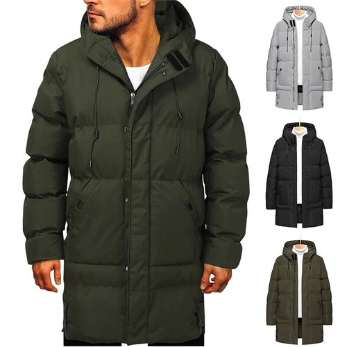 Herren langer gefütterter Mantel Kapuze dicke Luftpolsterjacke gesteppt wattiert - Bild 2 von 39