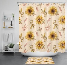 Watercolor Yellow Sunflower Fall Beige Shower Curtain Set for Bathroom Decor
