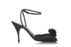 black fur heeled sandals