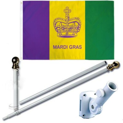 Mardi Gras Crown 3 x 5 FT Flag + 6 Ft Spinning Tangle Free Pole + Bracket