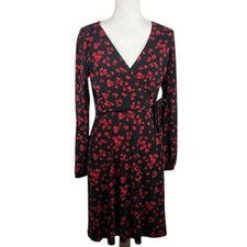 Chaps Black & Red Floral Classic Career Event Faux Wrap Midi Dress Size Small