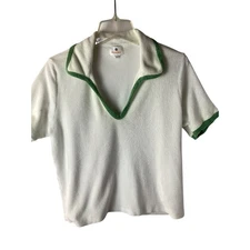 SUNDRY White Terry Cloth Collared V-Neck Top Green Trim Made in USA Size P