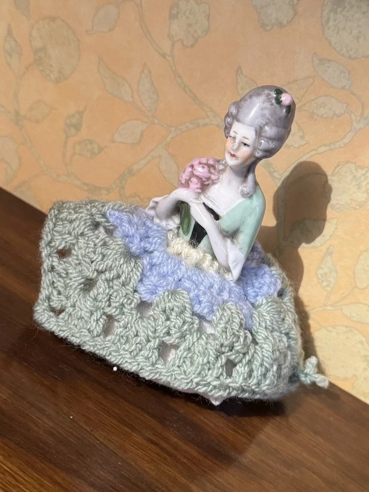 Vintage Half Doll China Pottery Figurine Fabric Base Pin Cushion #SPR170 - Image 2 of 4