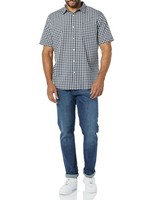 Amazon Essentials Herren Stretch-Popeline Kurzarm-Hemd Vichy-Muster Marineblau