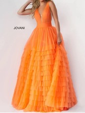 Jovani 07264 Orange Prom Dress Plunge Neck