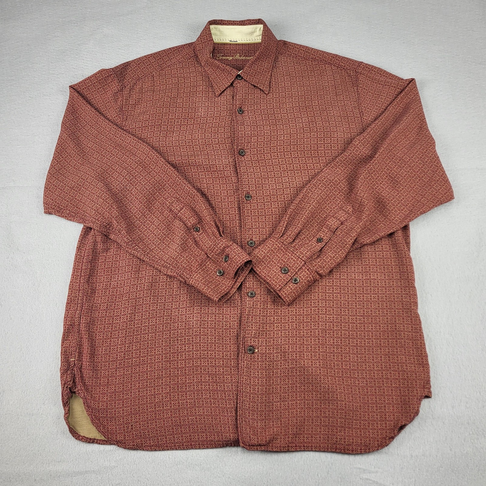 Tommy Bahama Shirt Mens Large Red Silk Geometric Long Sleeve Button Up