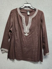Style & Co Woman 22W Brown 100% Linen Embroidered Tunic Top Boho Coastal Resort