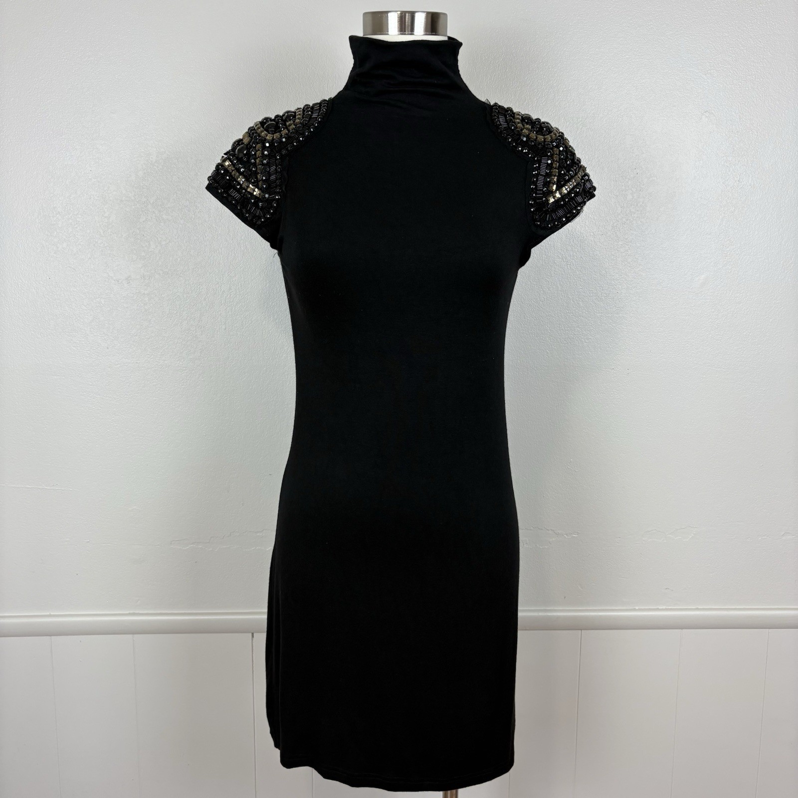 Forever Twenty-One 21 Mock Neck Tee Shirt Dress Size M Black Beaded Cap Sleeve
