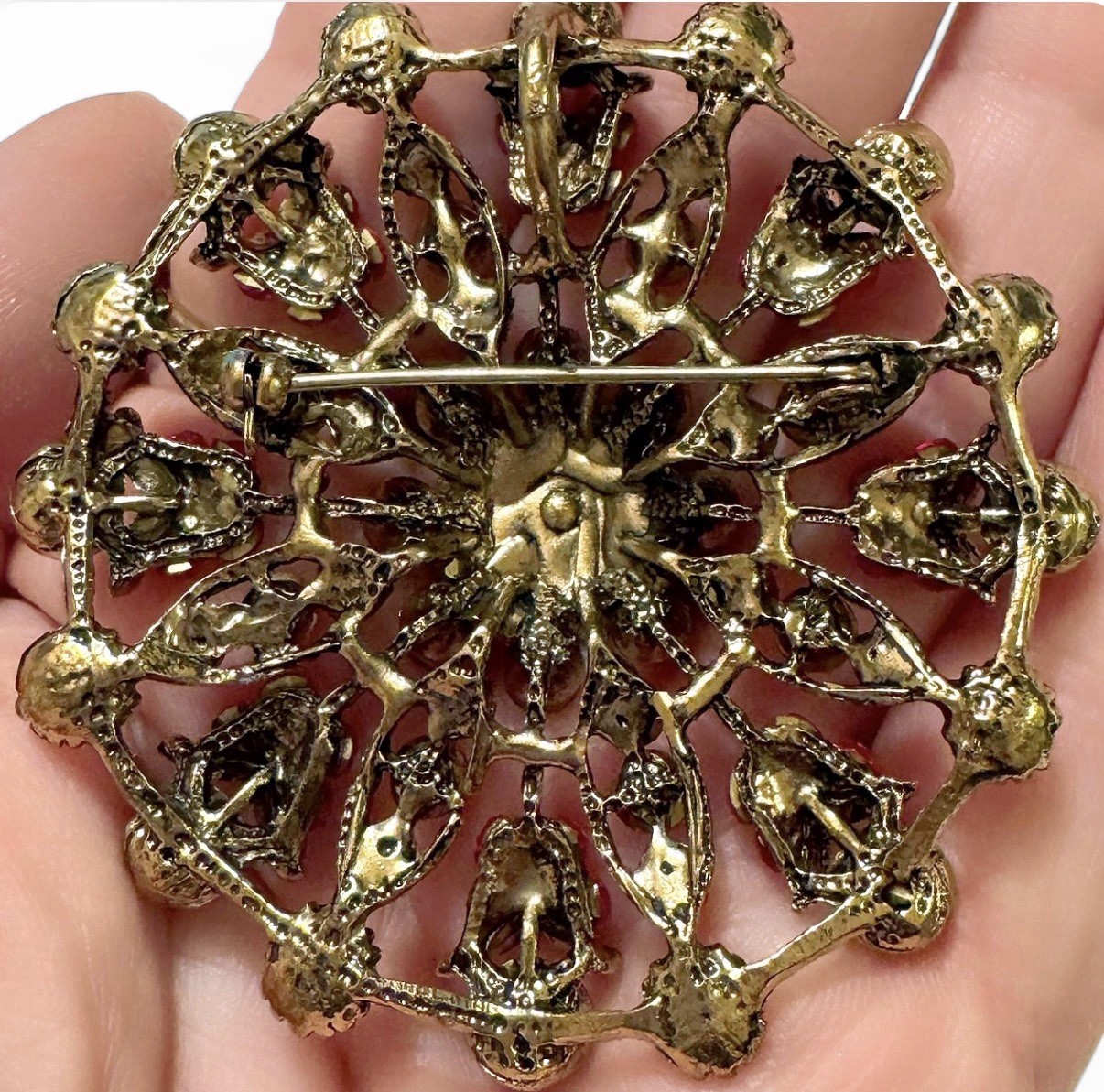 Large Ruby Red Rhinestone Brooch Pin Sunburst Aur… - image 3