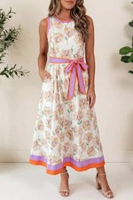 Floral Print Color Block Trim Belted Sleeveless Dress