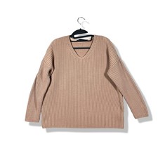 Jenni Kayne Knit V Neck Sweater Womens M Beige Organic Cotton Blend Sustainable