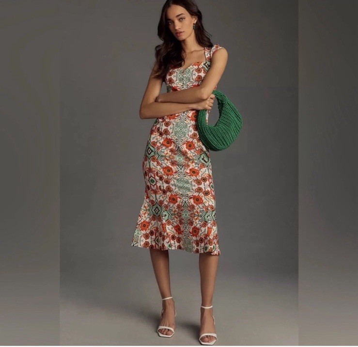 NWT ANTHROPOLOGIE The Cecily Fit & Flare Sweetheart Dress Size M Orange Floral