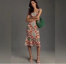 NWT ANTHROPOLOGIE The Cecily Fit & Flare Sweetheart Dress Size M Orange Floral