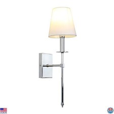 PERMO Rustic Industrial Wall Sconce - White Textile Shade  Chrome Tapered Stand
