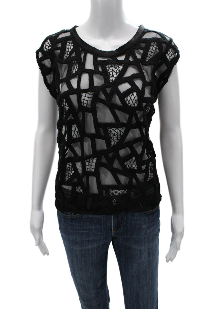 IRO Womens Blouse Black Geometric Short Sleeve Round Neck Nylon Size 38Free Shipping in US $100+ Orders | $6.95 Orders Below