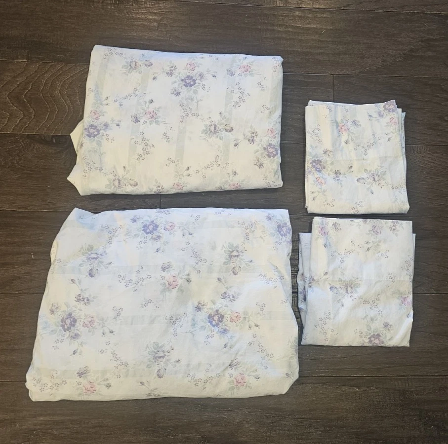 Juego de sábanas The Farmhouse Rachel Ashwell rosa púrpura floral menta rayas griegas reina Foto 3 de 4