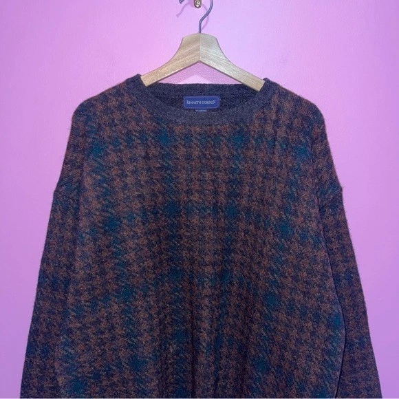 Kenneth Gordon Sweater Men’s Size Large Green Brown Wool Houndstooth Vintage - Image 3 of 4