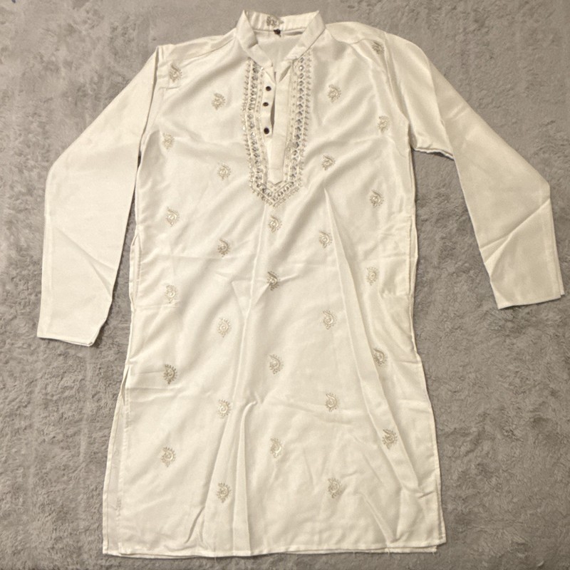 Men's White Embroidered Kurta M Satin Fabric Silk Blend Long Sleeve Stand Collar