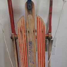 Flexible Flyer Vintage Wooden Sled Red Beige Stripes Traditional Wood Metal