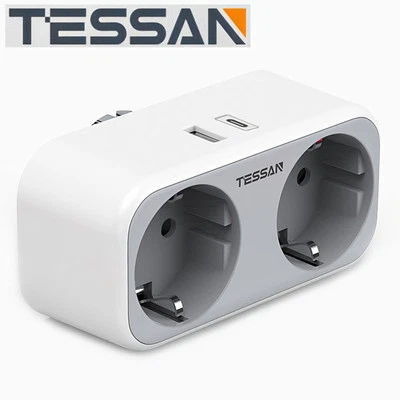 TESSAN 2-fach Mehrfachsteckdose 2er Steckdose Adapter mit USB-A+C Wandmontage Ladegerät
