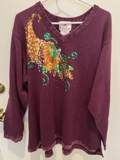 Quacker Factory Women's Cornucopia Sweater Sequins Beaded 2X Brand New