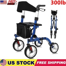 Rollator Walker For Seniors Lightweight Foldable 12" 10" Wheels w/ Brakes 300 Lb