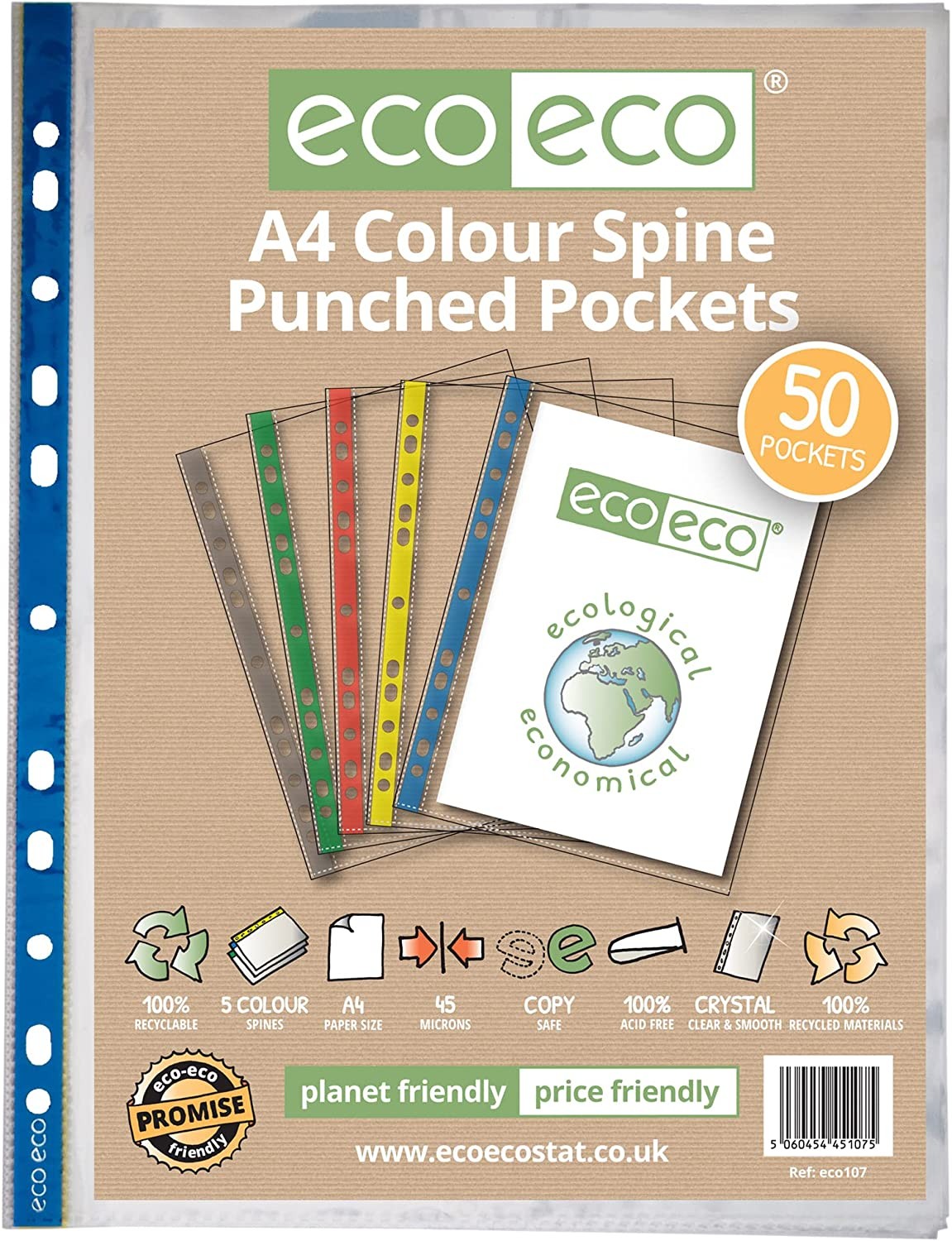 eco eco A4 Coloured Spine Multi Punched Pockets 100% Recycled X 100 Home Office